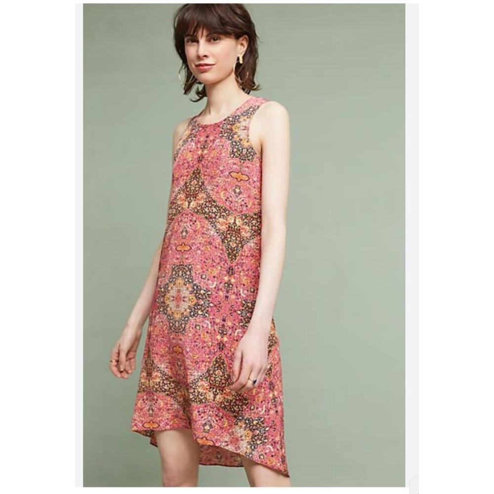 Anthropologie 100% Silk Amina Print Dress Hi Low Sleeveless Fits like a Size 6